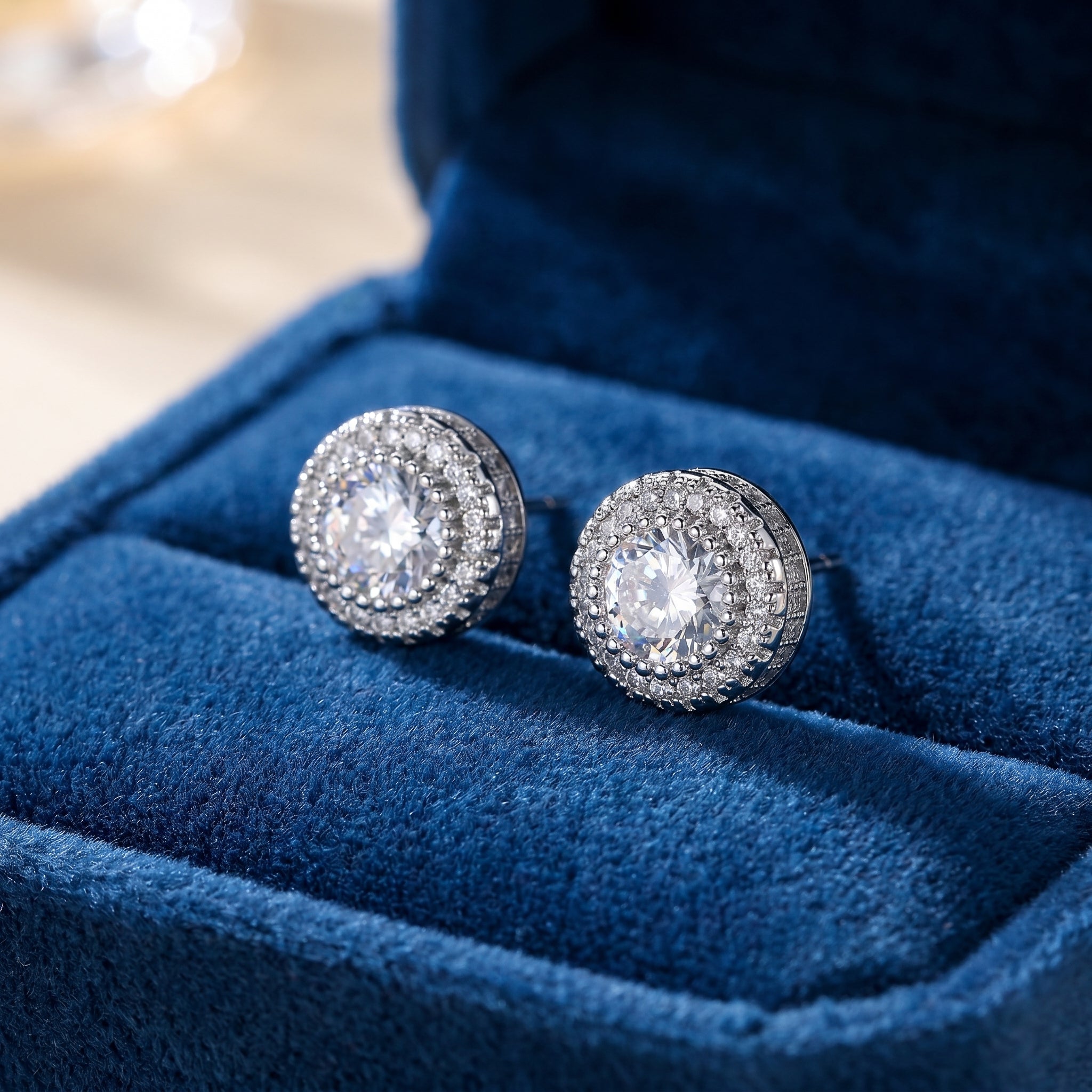 Luxurious Double Halo Round Cubic Zirconia Stud Earrings